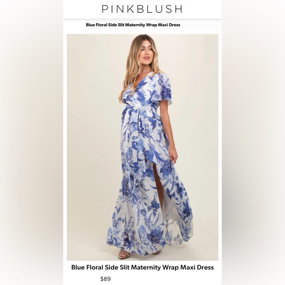 PinkBlush Blue Floral Side Slit Maternity Wrap Maxi Dress Size Medium Like New!